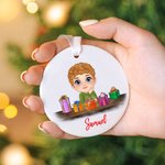 Personalised Cute Cartoon Reindeer Elf Girl Boy Receiving Gift Box Christmas Ceramic Ornament with Name Holiday Tree Decor Birthday Gift for Kids