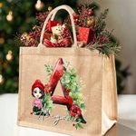 Personalizzato Holly floreale iniziale personaggio cartone animato grande borsa di iuta con nome Natale festa regalo per la famiglia bambini
