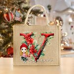 Personalizzato Holly floreale iniziale personaggio cartone animato grande borsa di iuta con nome Natale festa regalo per la famiglia bambini