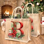 Personalizzato Holly floreale iniziale personaggio cartone animato grande borsa di iuta con nome Natale festa regalo per la famiglia bambini