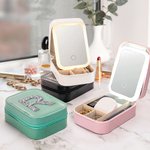 Personalized Glitter Rhinestone Letter Leather Travel Jewellery Box with Adjustable LED Makeup Mirror Birthday Bridesmaid Gift for Women