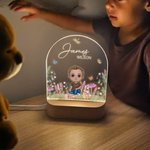 Veilleuse LED personnalisée en forme de dessin d'enfant et de fleur avec base en bois et nom Cadeau d'anniversaire de Noël pour filles et garçons