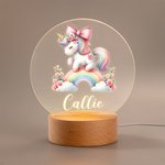 Personalised Rainbow Floral Fantasy Unicorn LED Night Light with Wooden Base and Name Nursery Kid Room Decor Birthday Baby Shower Gift for Girls