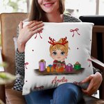 Gepersonaliseerde schattige cartoon rendier Elf meisje jongen ontvangen geschenkdoos boog gooi kussenhoes met naam Home Decor kerstcadeau voor familie