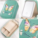 Personalisierte Aquarell Schmetterling floralen Schmuck-Box mit Namen und LED dreifarbig einstellbar Make-up-Spiegel Reise Essentials Geburtstag Gesch