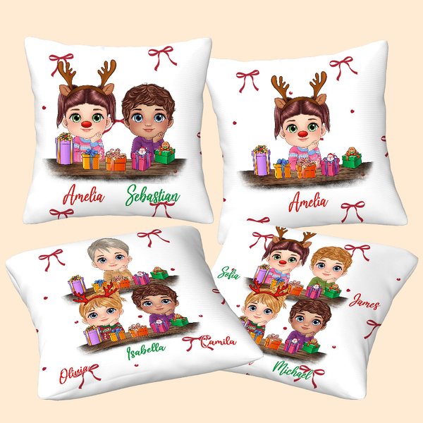 Personalized Cute Cartoon Reindeer Elf Girl Boy Receiving Gift Box Bow Throw Pillow Cover with Name Home Decor Christmas Gift for Family Kids