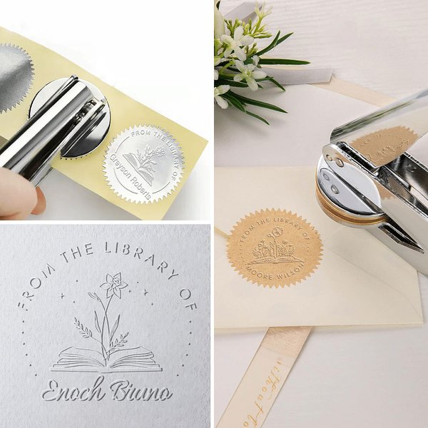 Timbro personalizzato per biblioteca con timbro a secco con testo Set portatile Regalo di compleanno per topo di biblioteca Club del Libro