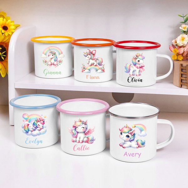 Personlig flerfärgad regnbågsfärgad fantasi-enhörning 12oz emaljmugg med namn födelsedagspresent för barn familj