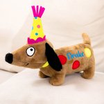 Personalized Birthday Hat Polka Dots Dachshund Dog Doll Toy with Name Home Decor Birthday Party Gift for Dog Lover