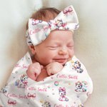 Personalised Rainbow Fantasy Unicorn Unisex Baby Receiving Blanket Swaddle Hat Bow Headband Coming Home Outfit with Name Baby Shower Gift for Newborns