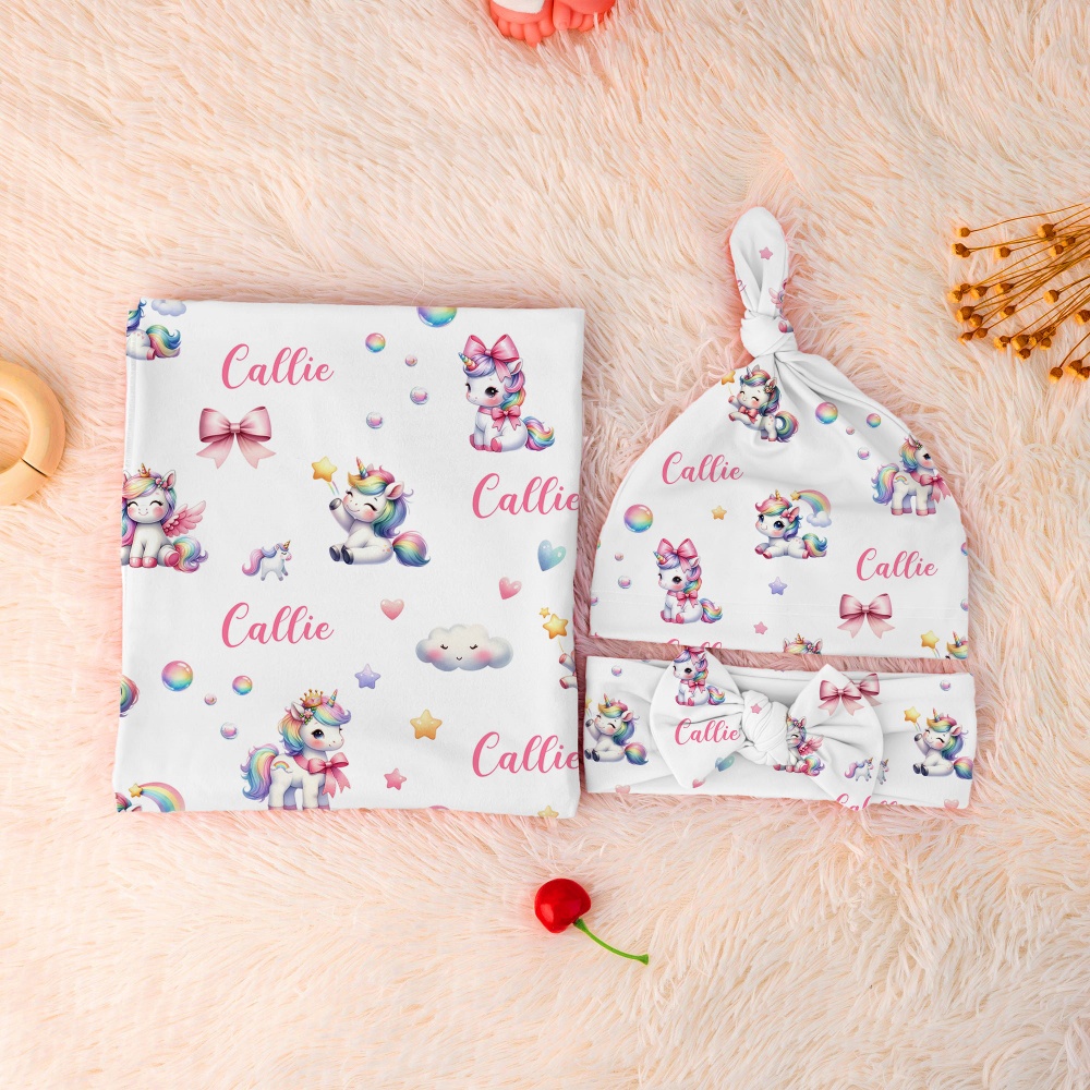 Personnalisé Arc-en-ciel Fantaisie Licorne Unisexe Baby Receiving Blanket Swaddle Hat Bow Headband Coming Home Outfit with Name Baby Shower Gift for N