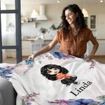 Personalized Birth Flower Cartoon Character Soft Blanket with Name Home Decor Birthday Christmas Gift for Family Friends