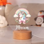 Personalised Rainbow Floral Fantasy Unicorn LED Night Light with Wooden Base and Name Nursery Kid Room Decor Birthday Baby Shower Gift for Girls
