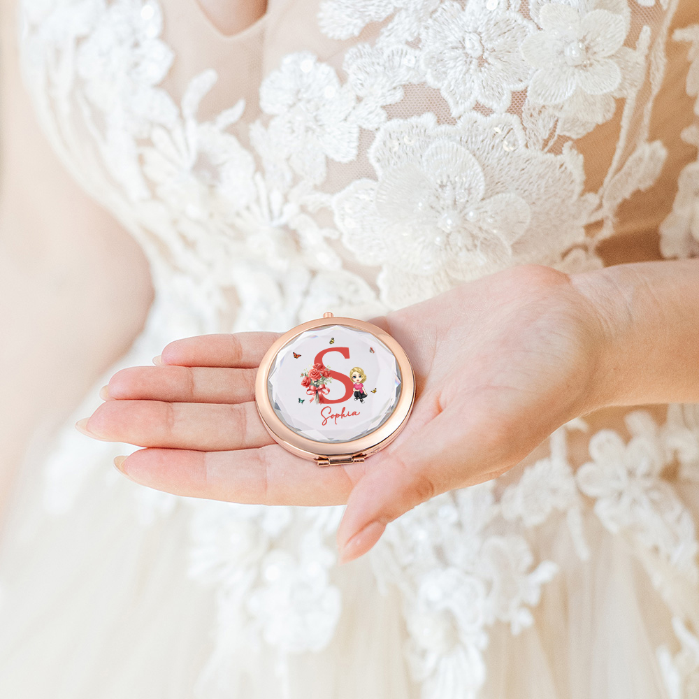 Miroir de maquillage de poche personnalisé avec nom et initiale, fleur de naissance, personnage de dessin animé, cadeau d'anniversaire pour les femmes