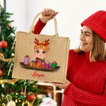 Personalized Cute Cartoon Reindeer Elf Girl Boy Receiving Gift Box Jute Tote Bag with Name Christmas Party Birthday Gift for Kids