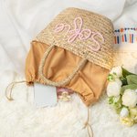 Gepersonaliseerde handgemaakte Boheemse Straw Drawstring Bucket Bag met naam Travel Beach Wedding Party Gift voor vrouwen