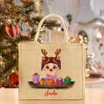 Personalized Cute Cartoon Reindeer Elf Girl Boy Receiving Gift Box Jute Tote Bag with Name Christmas Party Birthday Gift for Kids