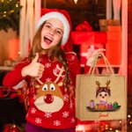 Personalized Cute Cartoon Reindeer Elf Girl Boy Receiving Gift Box Jute Tote Bag with Name Christmas Party Birthday Gift for Kids