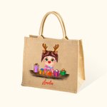 Personalized Cute Cartoon Reindeer Elf Girl Boy Receiving Gift Box Jute Tote Bag with Name Christmas Party Birthday Gift for Kids