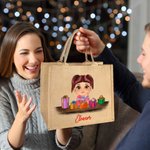 Personalized Cute Cartoon Reindeer Elf Girl Boy Receiving Gift Box Jute Tote Bag with Name Christmas Party Birthday Gift for Kids
