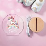 Personalised Rainbow Floral Fantasy Unicorn LED Night Light with Wooden Base and Name Nursery Kid Room Decor Birthday Baby Shower Gift for Girls