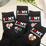 Personalized I Love My Boyfriend Girlfriend Heart Photo 100% Cotton Black Mid-calf Socks Anniversary Valentine's Day Birthday Gift for Couple