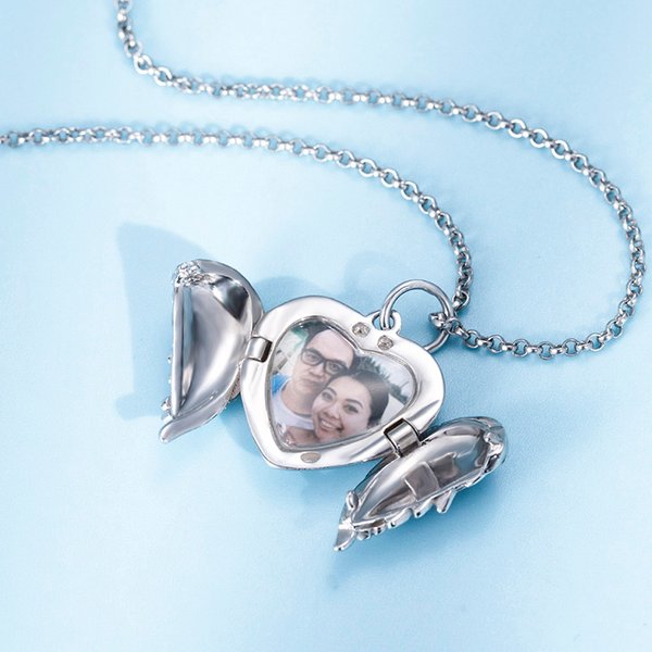 Personalized Angel Wing Heart Locket Necklace with Photo Engraved Text Anniversary Birthday Gift for Women Girls