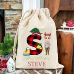 Gepersonaliseerde tekenfilmfiguur Elf Rendier Holly Initial Santa Sack Drawstring Gift Bag met naam Vrolijk kerstfeest partij Gunsten voor familie kinderen
