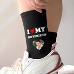 Personalized I Love My Boyfriend Girlfriend Heart Photo 100% Cotton Black Mid-calf Socks Anniversary Valentine's Day Birthday Gift for Couple