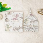 Personalized Cartoon Dragon Castle Receiving Blanket Swaddle Hat Headband Set with Name Coming Home Outfit Baby Shower Gift for Newborns