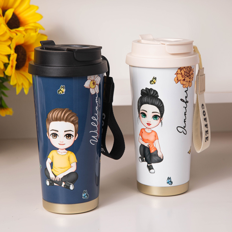 Gobelet Isotherme 500 ml Personnalisé avec Nom et Motif Cartoon avec Couvercle Étanche et Paille en Silicone Cadeau pour Femme Enfant