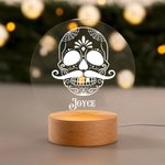 Veilleuse LED crâne de sucre floral personnalisé avec base en bois Décoration gothique pour la maison Halloween Jour des morts Cadeau pour la famille