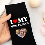 Personalized I Love My Boyfriend Girlfriend Heart Photo 100% Cotton Black Mid-calf Socks Anniversary Valentine's Day Birthday Gift for Couple