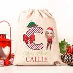 Gepersonaliseerde tekenfilmfiguur Elf Rendier Holly Initial Santa Sack Drawstring Gift Bag met naam Vrolijk kerstfeest partij Gunsten voor familie kinderen