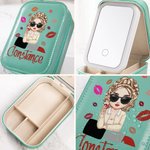 Personalized Lipstick Fashion Cartoon Girl Leather Jewelry Box with Name LED Three-color Adjustable Makeup Mirror Valentine's Day Gift for Women