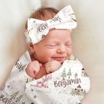 Personalized Cartoon Dragon Castle Receiving Blanket Swaddle Hat Headband Set with Name Coming Home Outfit Baby Shower Gift for Newborns