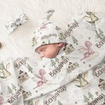 Personalized Cartoon Dragon Castle Receiving Blanket Swaddle Hat Headband Set with Name Coming Home Outfit Baby Shower Gift for Newborns