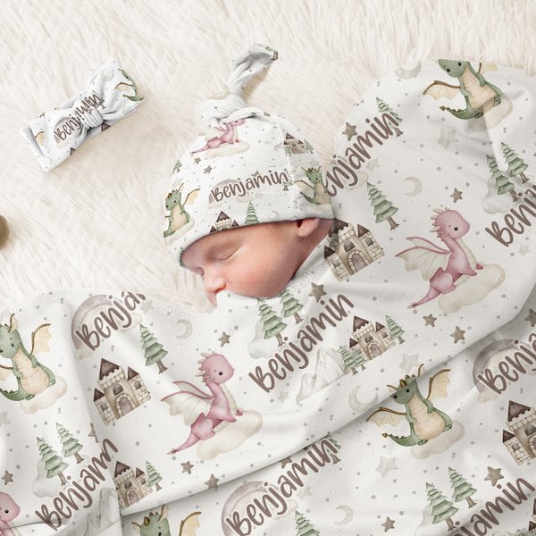 Personalized Cartoon Dragon Castle Receiving Blanket Swaddle Hat Headband Set with Name Coming Home Outfit Baby Shower Gift for Newborns