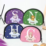 Personalized Star Cloud Initial Cute Forest Animal Zippered Mini Kid Coin Purse Pouch with Name Multicolor Available Birthday Gift for Boys Girls