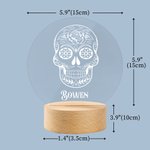 Veilleuse LED crâne de sucre floral personnalisé avec base en bois Décoration gothique pour la maison Halloween Jour des morts Cadeau pour la famille