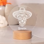 Veilleuse LED crâne de sucre floral personnalisé avec base en bois Décoration gothique pour la maison Halloween Jour des morts Cadeau pour la famille