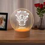 Veilleuse LED crâne de sucre floral personnalisé avec base en bois Décoration gothique pour la maison Halloween Jour des morts Cadeau pour la famille