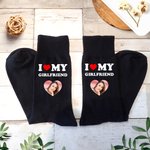 Personalized I Love My Boyfriend Girlfriend Heart Photo 100% Cotton Black Mid-calf Socks Anniversary Valentine's Day Birthday Gift for Couple