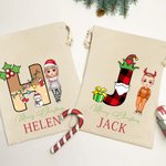 Gepersonaliseerde tekenfilmfiguur Elf Rendier Holly Initial Santa Sack Drawstring Gift Bag met naam Vrolijk kerstfeest partij Gunsten voor familie kinderen