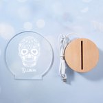 Veilleuse LED crâne de sucre floral personnalisé avec base en bois Décoration gothique pour la maison Halloween Jour des morts Cadeau pour la famille
