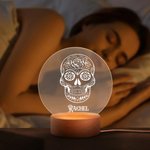 Veilleuse LED crâne de sucre floral personnalisé avec base en bois Décoration gothique pour la maison Halloween Jour des morts Cadeau pour la famille