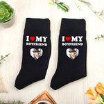 Personalized I Love My Boyfriend Girlfriend Heart Photo 100% Cotton Black Mid-calf Socks Anniversary Valentine's Day Birthday Gift for Couple