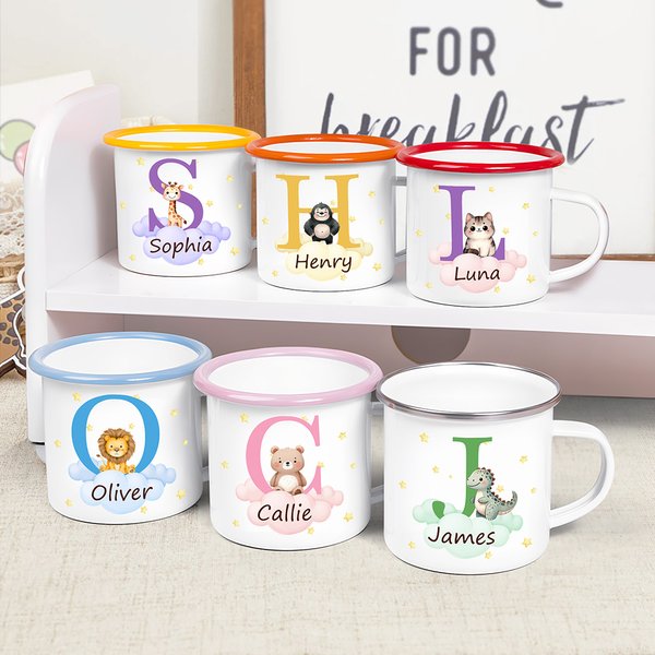 Personalized Cartoon Cute Forest Animal Themed 350ml Enamel Mug with Name Birthday Gift for Boys Girls