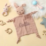 Personalizado lindo conejito oso león muselina de algodón suave bebé Loveys manta de seguridad con el nombre bordado Baby Shower Cumpleaños Regalo par