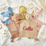Personalizado lindo conejito oso león muselina de algodón suave bebé Loveys manta de seguridad con el nombre bordado Baby Shower Cumpleaños Regalo par